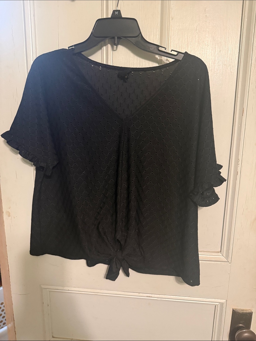 W5 Black V-Neck Tie-Front Eyelet Top
